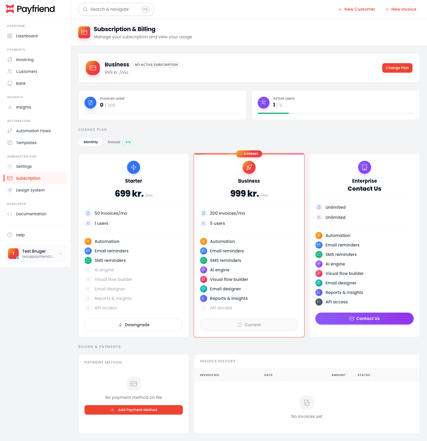 Payfriend fakturering og betalingsoversigt