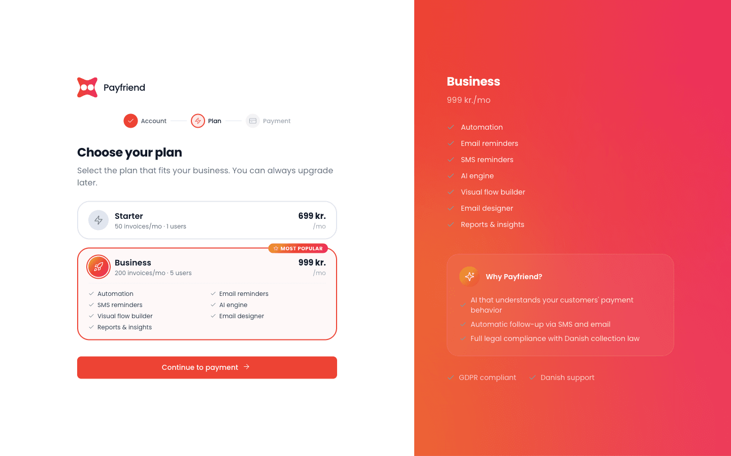 Payfriend planvalg og abonnementsoversigt