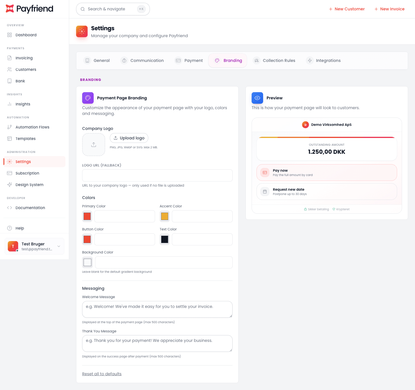 Payfriend branding og white-label indstillinger
